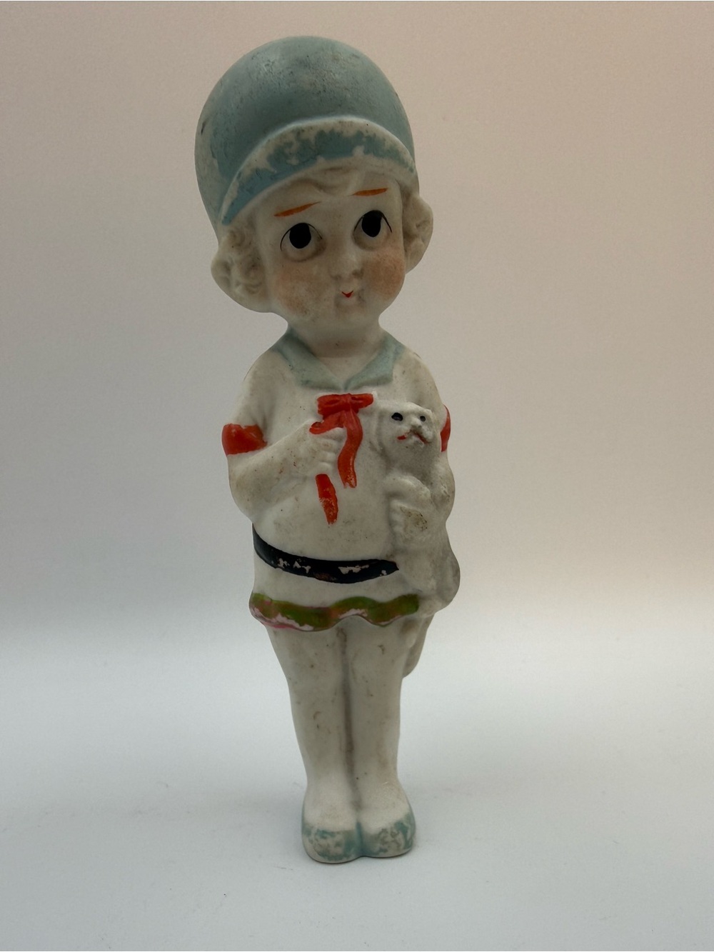 Vintage Porcelain Figurine Little Girl Holding Dog Puppy Flapper Girl Japan